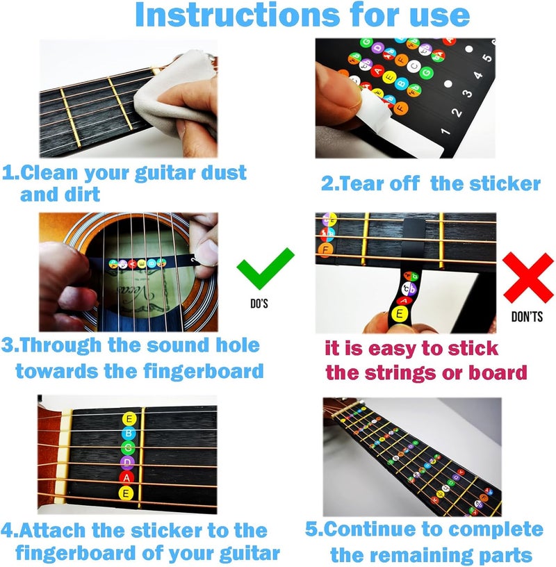 Junlego Guitar Fretboard Stickers, with Guitar Chord Chart,Color Coded Note Decals Guitar Tools for Learner Practice Fit 6 Strings Guitar (2*Stickers+1*Chords Map+6*Picks) - Image 4